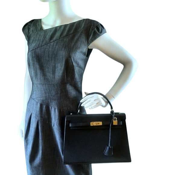Vtg Black Epsom Leather Kelly Bag w/Clochette Lock Key & Strap GHW 32cm Italy - Picture 2 of 15